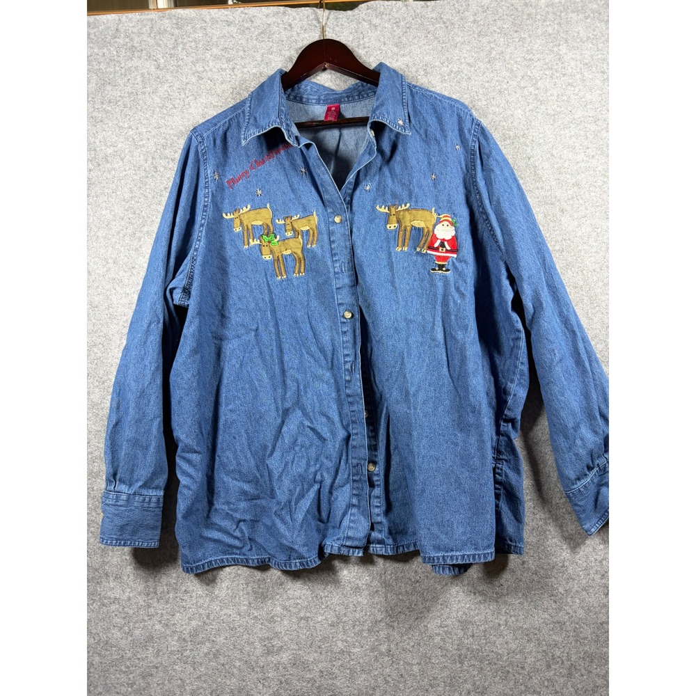 White Stag Womens 3X Christmas Denim Shirt Embroidered Santa Moose Blue Cotton